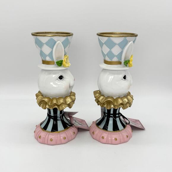 Set of 2 Tophat & Tail Blue Easter Bunny Mad Hatter Pedestal Candle Holder NEW - Picture 4 of 8